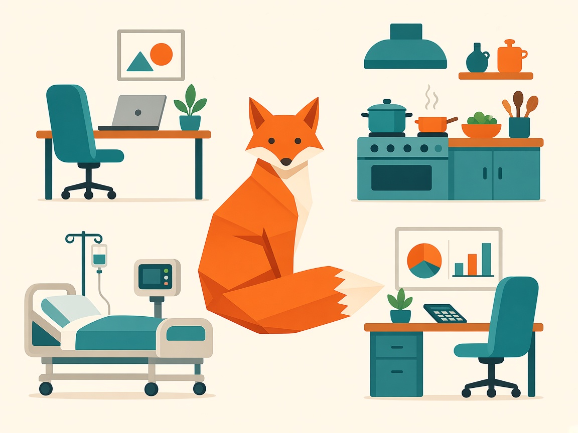 Fox with an IT desk, kitchen, hospital ward and finance office